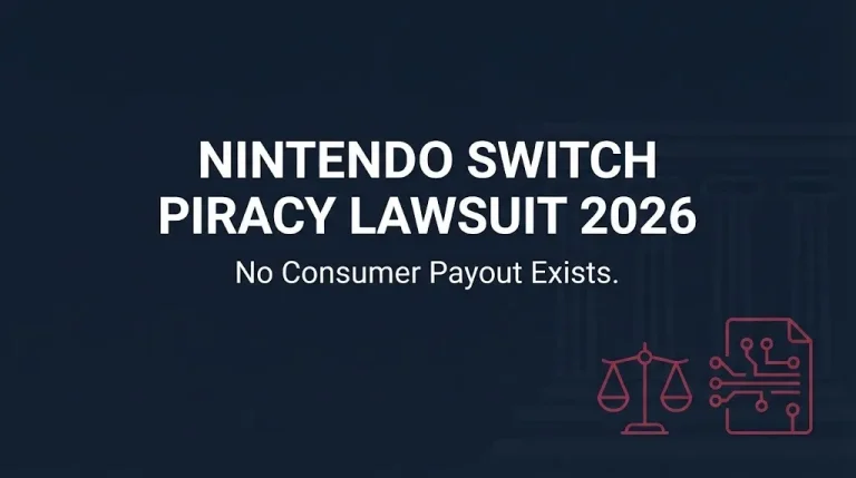 Navy banner reading Nintendo Switch piracy lawsuit 2026 noting that no consumer payout exists.