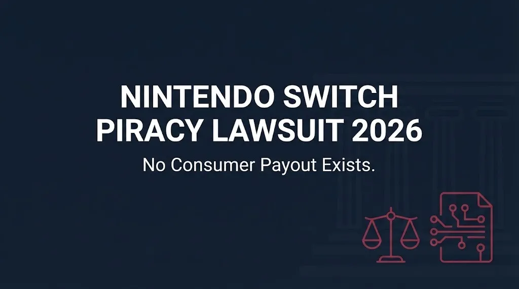 Navy banner reading Nintendo Switch piracy lawsuit 2026 noting that no consumer payout exists.