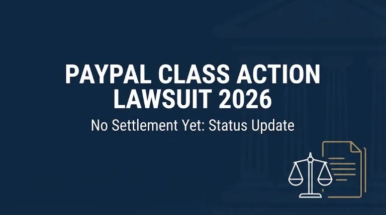 Navy banner reading PayPal class action lawsuit 2026 with subheading noting no settlement has been reached yet.
