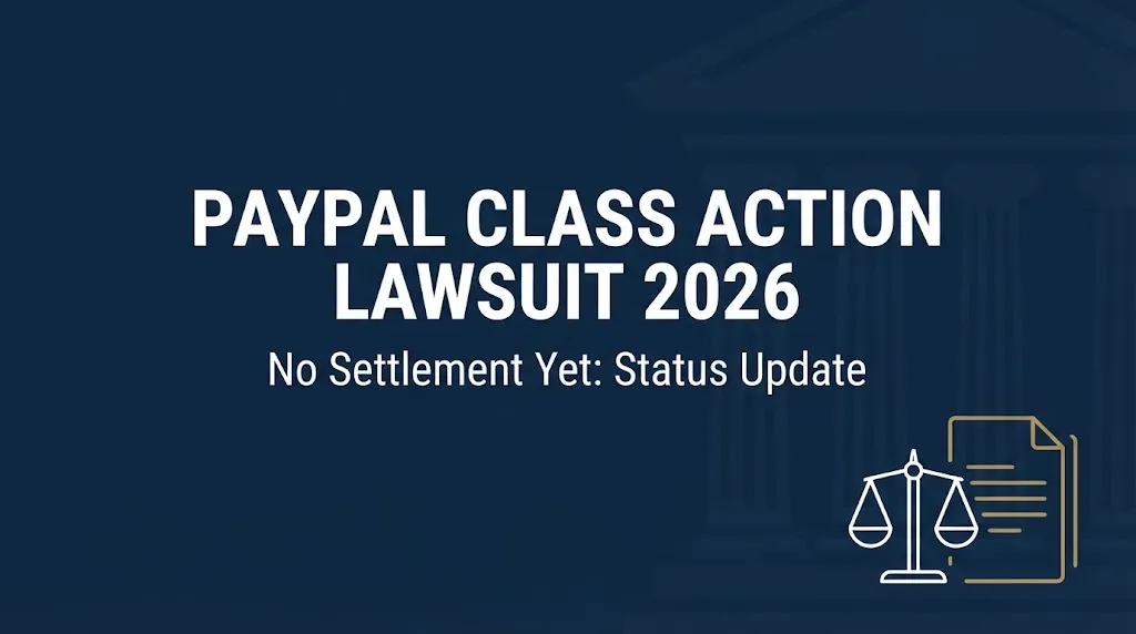 Navy banner reading PayPal class action lawsuit 2026 with subheading noting no settlement has been reached yet.