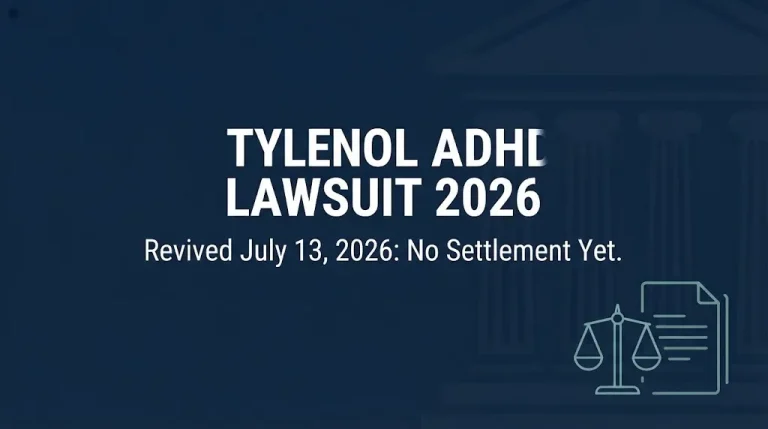Navy banner reading Tylenol ADHD lawsuit 2026 noting the case was revived July 13, 2026 with no settlement yet.