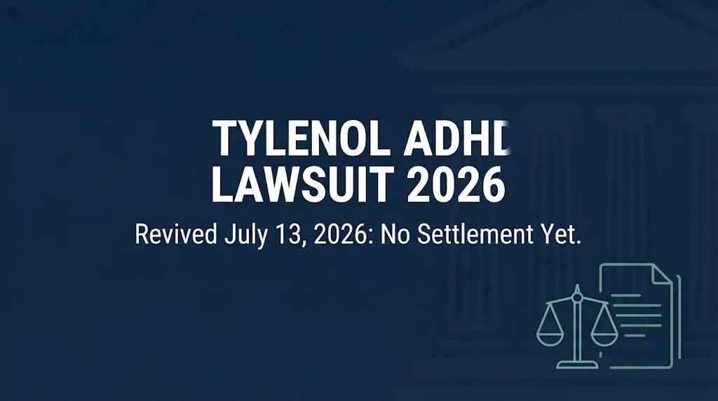 Navy banner reading Tylenol ADHD lawsuit 2026 noting the case was revived July 13, 2026 with no settlement yet.