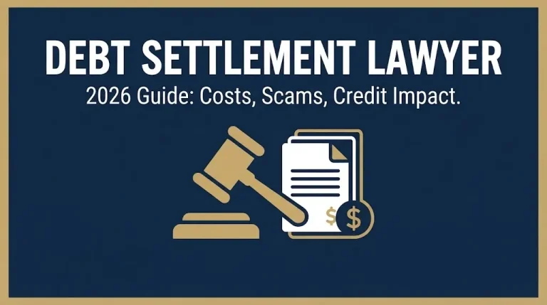 Navy banner reading debt settlement lawyer 2026 guide covering costs, scams, and credit impact.