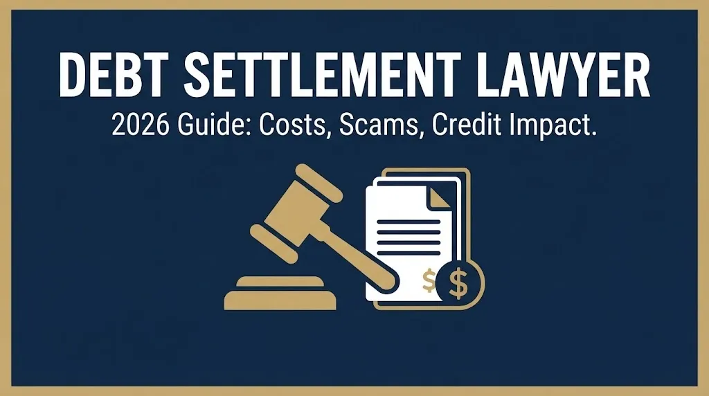 Navy banner reading debt settlement lawyer 2026 guide covering costs, scams, and credit impact.