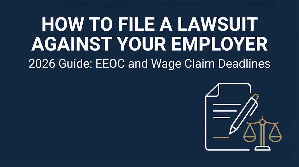 Navy banner reading how to file a lawsuit against your employer, 2026 guide to EEOC and wage claim deadlines