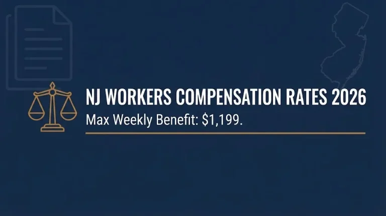 Navy banner showing 2026 NJ workers compensation rates with the $1,199 maximum weekly benefit.