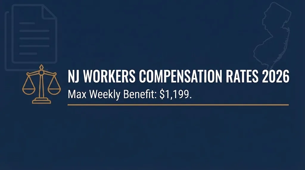 Navy banner showing 2026 NJ workers compensation rates with the $1,199 maximum weekly benefit.