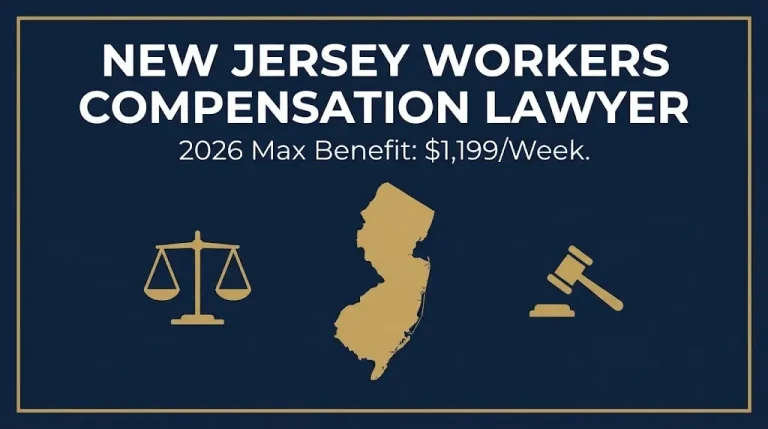 Navy banner showing new jersey workers compensation lawyer guide with 2026 maximum benefit of $1,199.