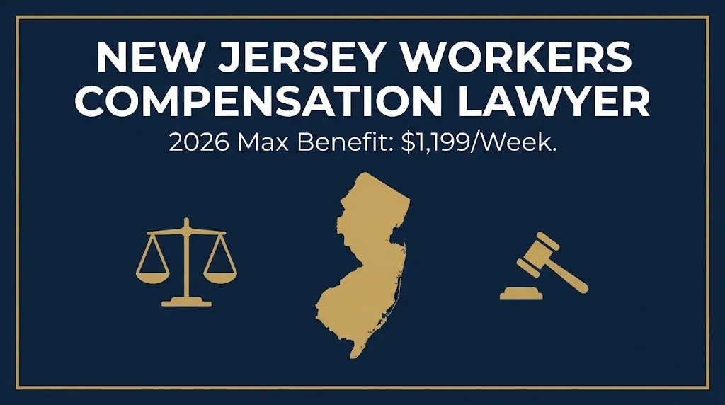 Navy banner showing new jersey workers compensation lawyer guide with 2026 maximum benefit of $1,199.