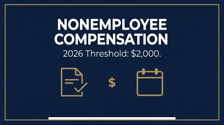 Navy banner showing nonemployee compensation 2026 reporting threshold of $2,000 for 1099-NEC forms.