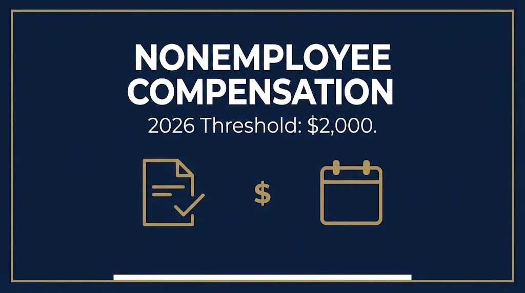 Navy banner showing nonemployee compensation 2026 reporting threshold of $2,000 for 1099-NEC forms.