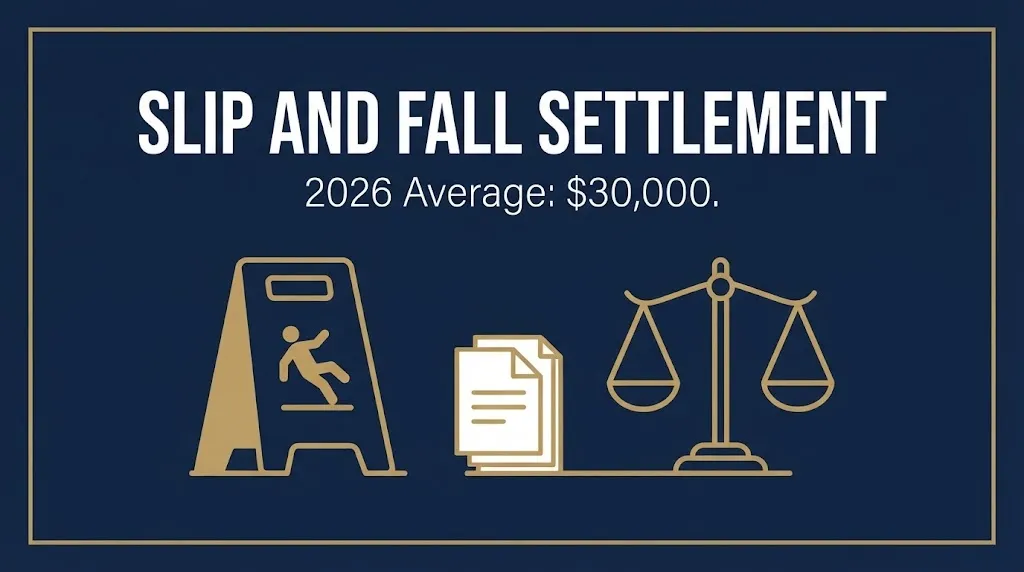 Navy banner showing slip and fall settlement 2026 average of $30,000 based on national data.