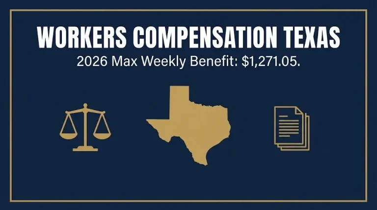 Navy banner showing workers compensation Texas 2026 maximum weekly benefit of $1,271.05.