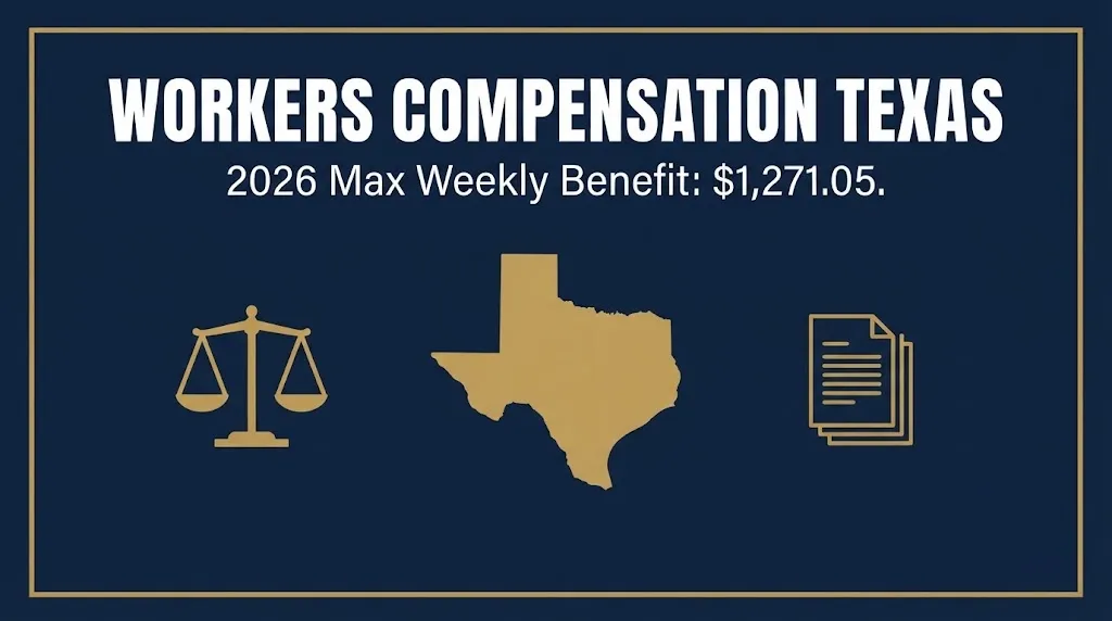 Navy banner showing workers compensation Texas 2026 maximum weekly benefit of $1,271.05.