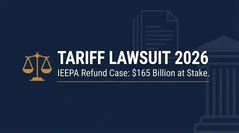 Navy infographic banner for the 2026 tariff lawsuit showing the $165 billion IEEPA refund case headline.