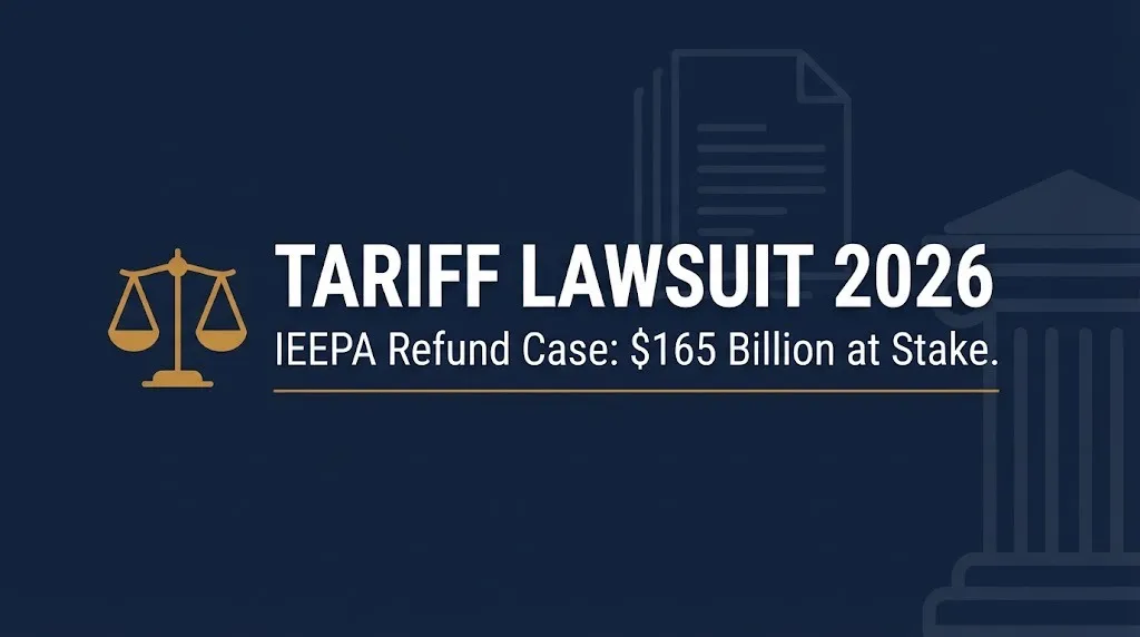 Navy infographic banner for the 2026 tariff lawsuit showing the $165 billion IEEPA refund case headline.