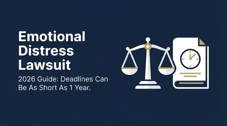 Navy infographic banner on filing an emotional distress lawsuit in 2026 with a one year deadline warning.