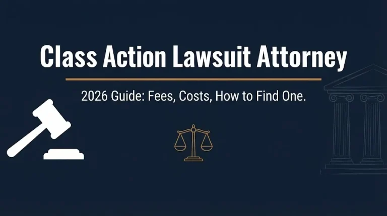 Navy infographic banner reading Class Action Lawsuit Attorney 2026 guide to fees and how to find one.