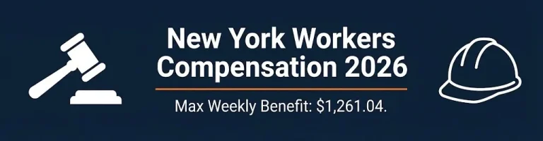 New York workers compensation 2026 banner showing maximum weekly benefit rate and legal workplace symbols.