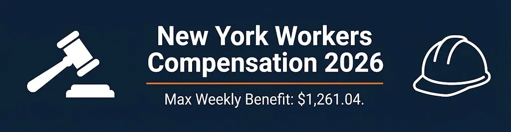 New York workers compensation 2026 banner showing maximum weekly benefit rate and legal workplace symbols.