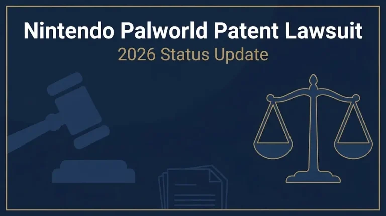 Nintendo Palworld patent lawsuit 2026 banner with legal symbols on navy background