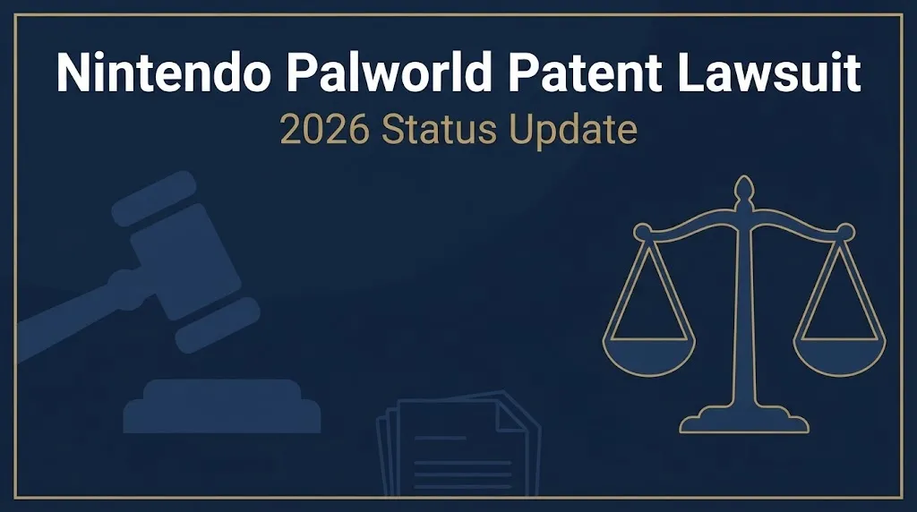 Nintendo Palworld patent lawsuit 2026 banner with legal symbols on navy background