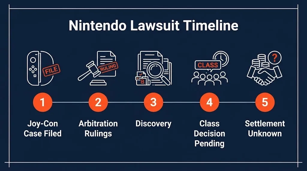 Nintendo lawsuit timeline showing key stages and pending milestones