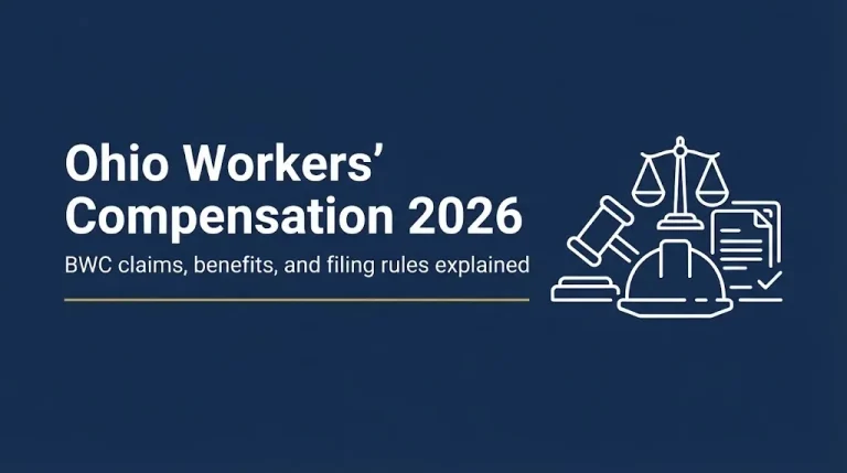 Ohio workers compensation 2026 banner with gavel, scales, and hard hat on navy background.