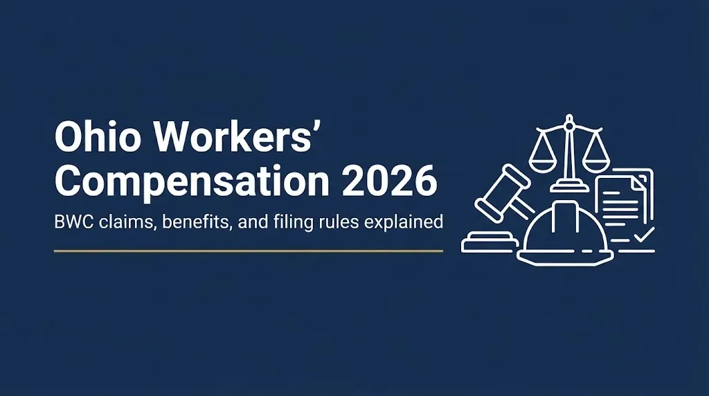 Ohio workers compensation 2026 banner with gavel, scales, and hard hat on navy background.