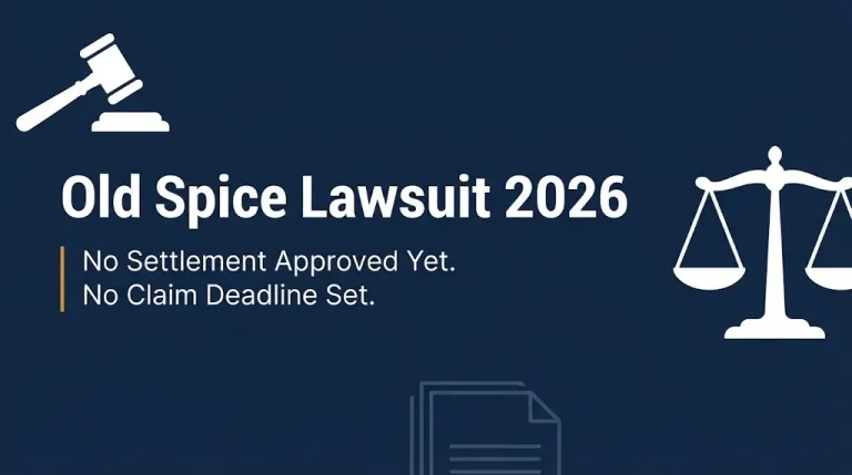 Old Spice lawsuit 2026 status banner showing no settlement approved and no claim deadline set.