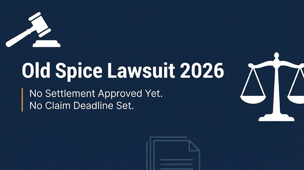 Old Spice lawsuit 2026 status banner showing no settlement approved and no claim deadline set.