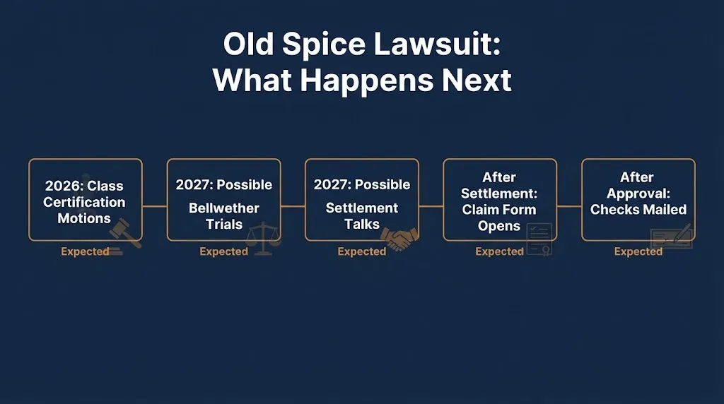 Old Spice lawsuit expected timeline graphic showing 2026 class certification through future settlement payments.