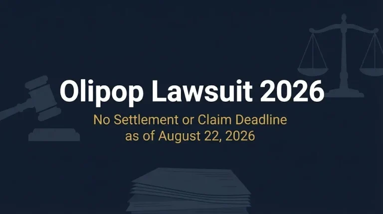 Olipop lawsuit 2026 status banner with legal symbols on navy background showing no settlement yet