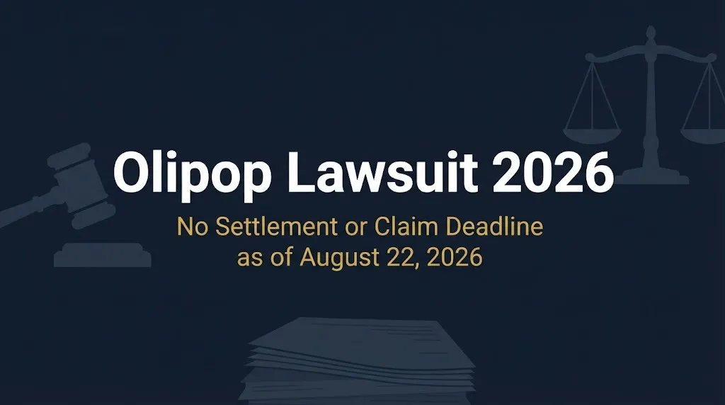 Olipop lawsuit 2026 status banner with legal symbols on navy background showing no settlement yet