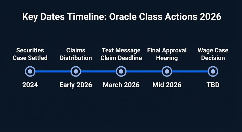 Oracle lawsuit timeline showing key dates from securities settlement through the 2026.