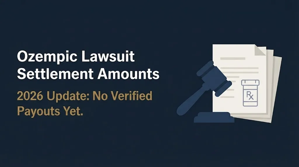 Ozempic lawsuit settlement amounts 2026 status showing no verified payouts with legal and medical imagery.