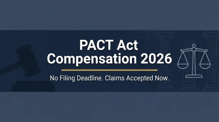 PACT Act compensation 2026 banner showing no filing deadline and claims accepted now with gavel and scales of justice icons.