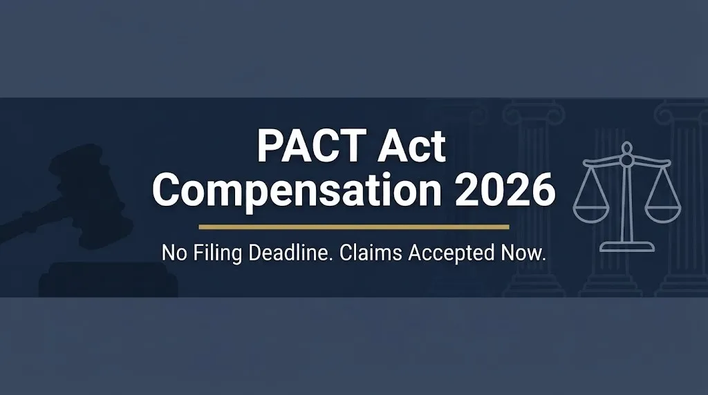 PACT Act compensation 2026 banner showing no filing deadline and claims accepted now with gavel and scales of justice icons.