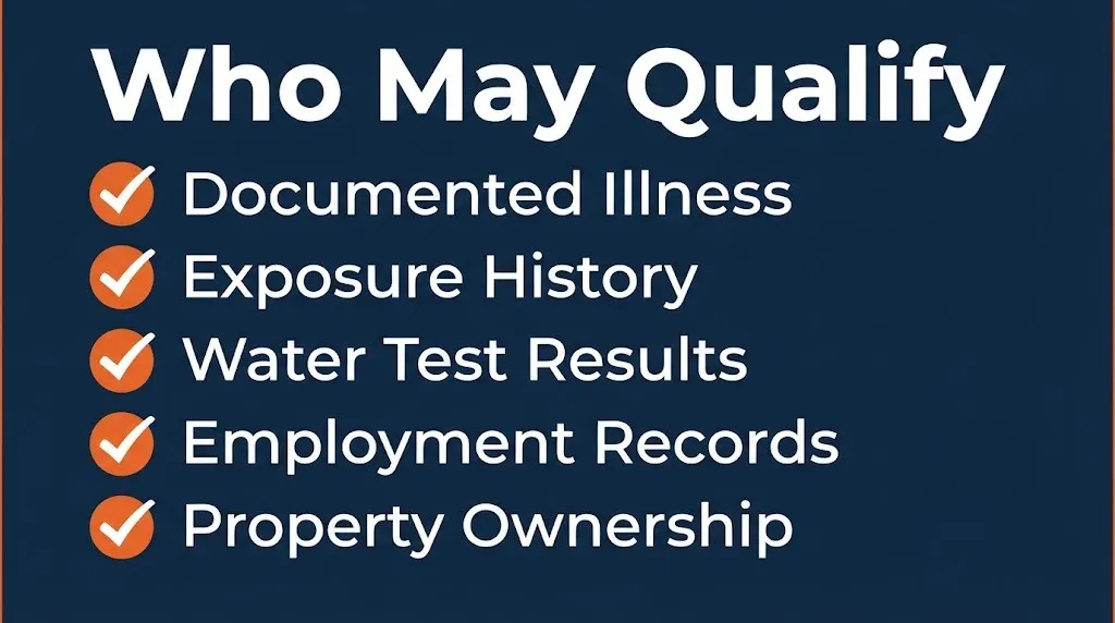 PFAS settlement qualification checklist showing illness, exposure, water tests, and employment records needed.