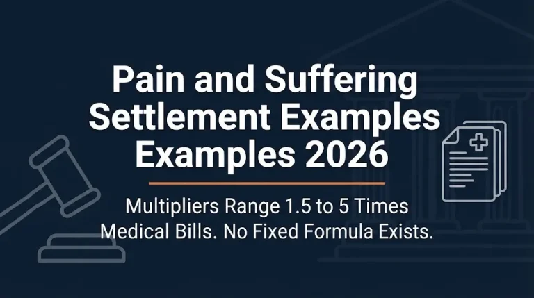 Pain and suffering settlement examples 2026 banner showing multiplier range with legal and medical icons on navy background.