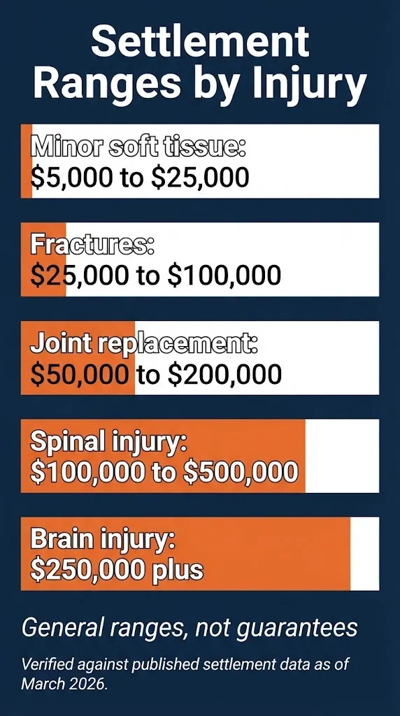 Pain and suffering settlement tiers showing ranges from minor injuries to brain injury cases.