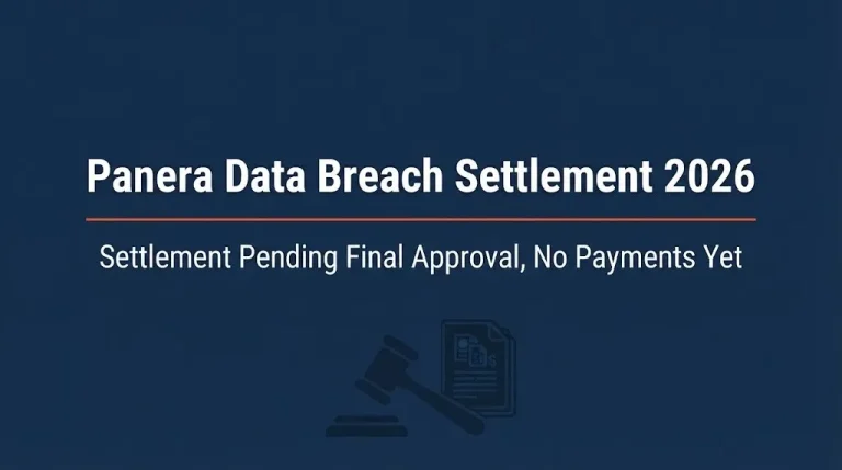 Panera data breach settlement 2026 update banner showing settlement is pending final approval with no payments yet.