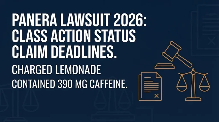 Panera lawsuit 2026 hero banner showing class action status and Charged Lemonade caffeine content facts.