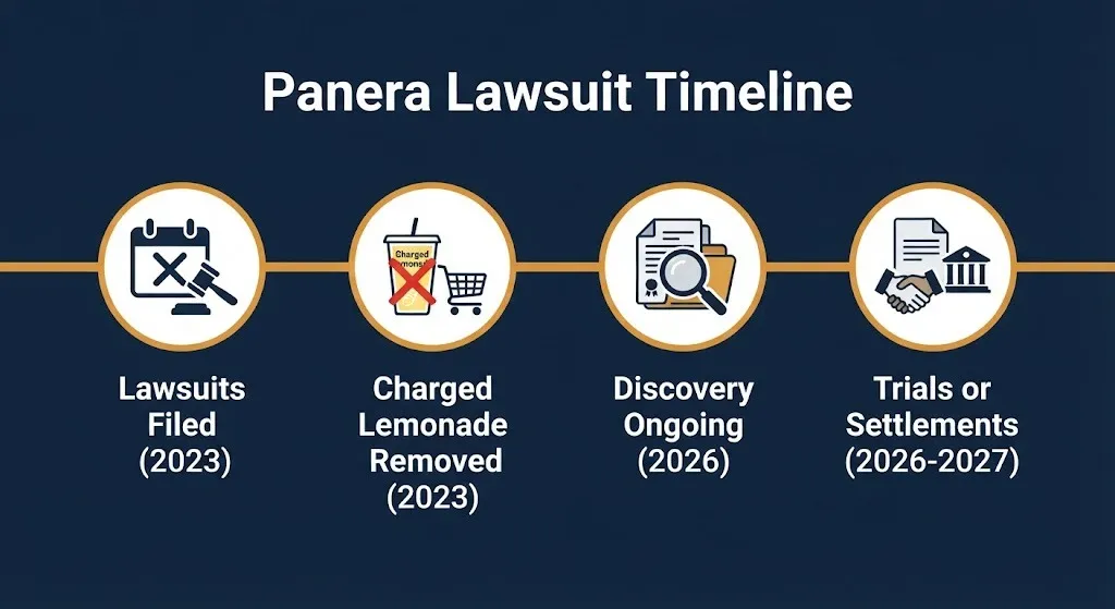 Panera lawsuit timeline showing case filing, menu removal, discovery, and expected trial or settlement dates.