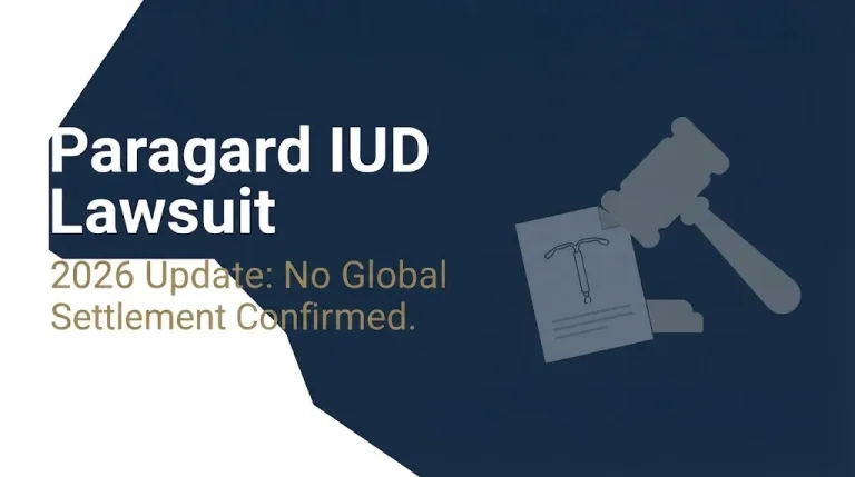 Paragard IUD lawsuit 2026 status showing no global settlement confirmed with legal and medical imagery.