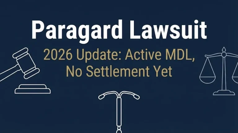 Paragard lawsuit 2026 update with active MDL and no settlement yet on navy background with legal and medical icons.