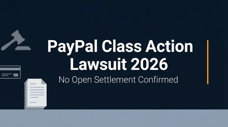 PayPal class action lawsuit 2026 banner showing no open settlement confirmed status.