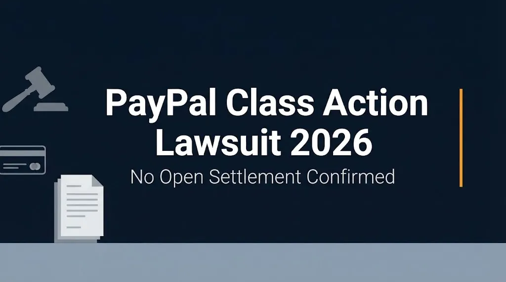 PayPal class action lawsuit 2026 banner showing no open settlement confirmed status.