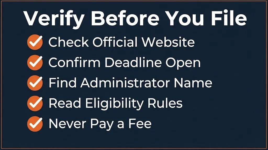 PayPal settlement claim verification checklist showing official website, deadline, and fee warnings.
