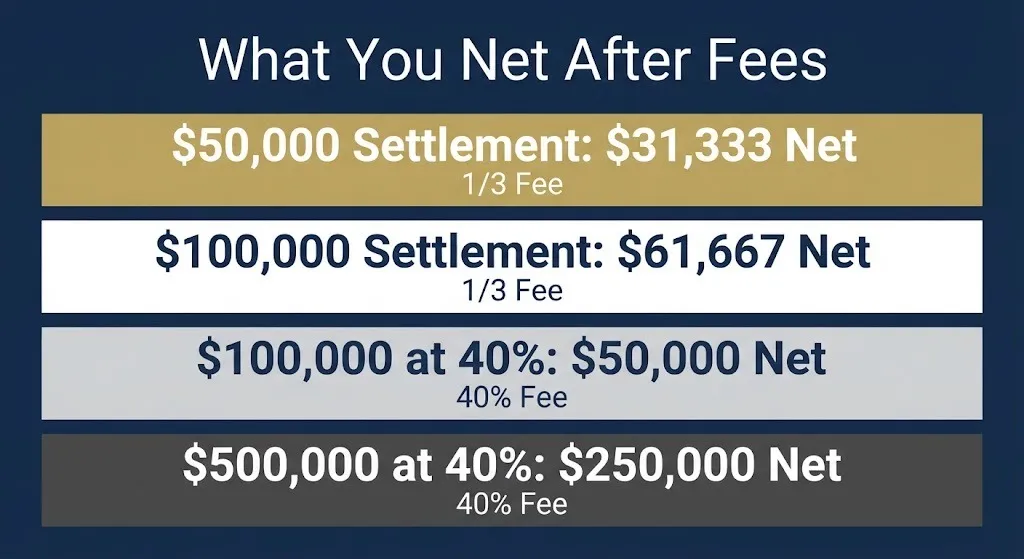 Payout tiers showing net settlement amounts after Morgan and Morgan fees at 33 and 40 percent for varying settlement values.